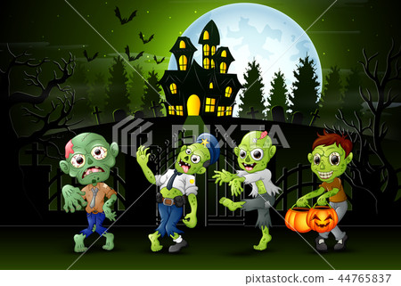 Happy zombie kids outdoors with haunted house back Happy zombie kids outdoors with haunted house back 44765837