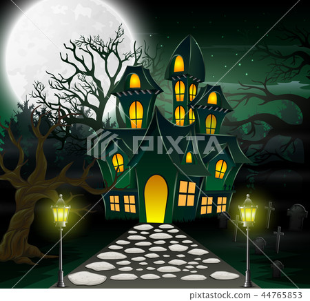 Cartoon of haunted house with full moon background Cartoon of haunted house with full moon background 44765853