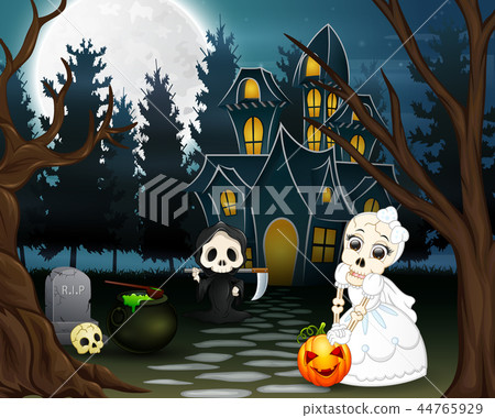 插图素材: cartoon of grim reaper and skull bride in the hall