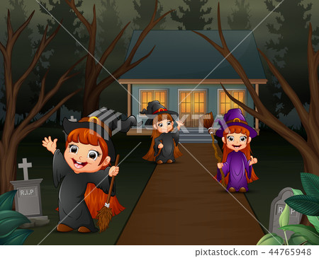 Cartoon three long haired witch children 44765948