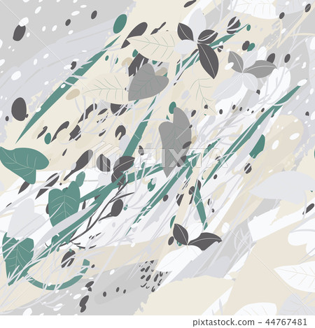 Military camouflage texture with trees, branches, grass and watercolor stains 44767481