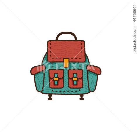 Flat backpack icon. Unique retro camping design. Vintage hand drawn travel equipment badge, patch Flat backpack icon. Unique retro camping design. Vintage hand drawn travel equipment badge, patch 44768644