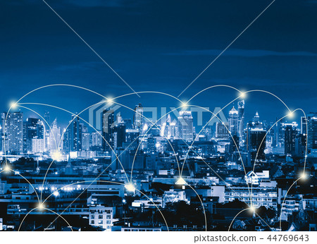 Digital network connection lines of Sathorn, Bangkok Downtown. F Digital network connection lines of Sathorn, Bangkok Downtown. F 44769643