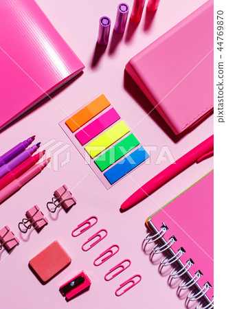 Color stickers, pink notebooks, paper clips, markers, elastic band and sharpener 44769870