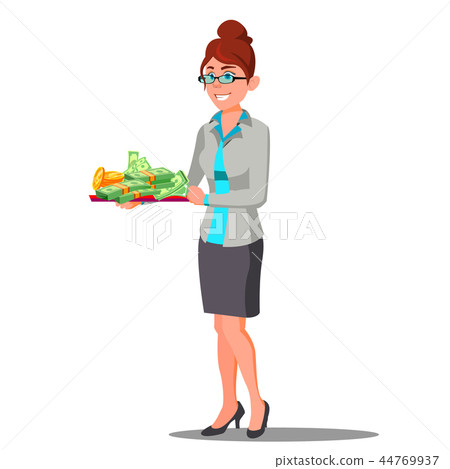 Woman Holding Tray With Pile Of Money On It Vector. Isolated Illustration 44769937