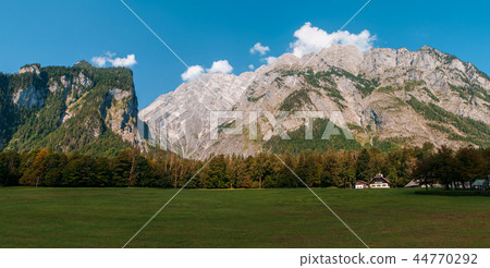 Idyllic landscape in the Alps with fresh green meadows and blooming flowers and snowcapped mountain Idyllic landscape in the Alps with fresh green meadows and blooming flowers and snowcapped mountain 44770292