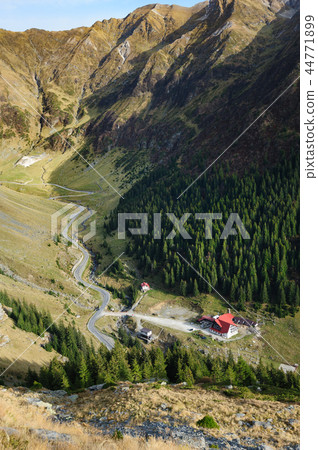 View from Transfagarasan road down to valley, Romania 44771899