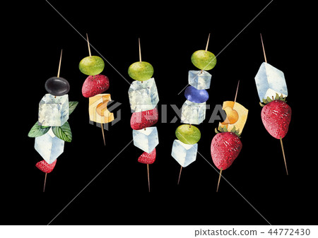 Watercolor canapes made of cheese, grapes and strawberries Watercolor canapes made of cheese, grapes and strawberries 44772430