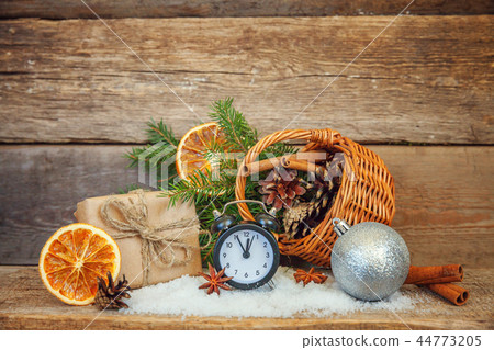 Christmas New Year Composition on old shabby rustic wooden background Christmas New Year Composition on old shabby rustic wooden background 44773205