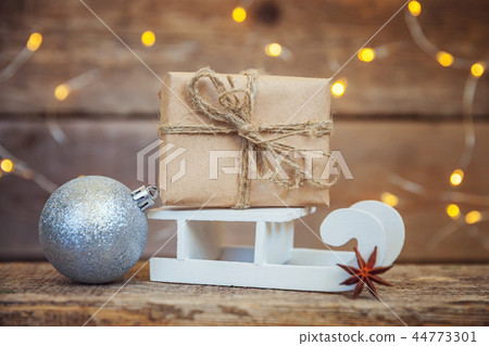 Christmas New Year Composition on old shabby rustic wooden background Christmas New Year Composition on old shabby rustic wooden background 44773301