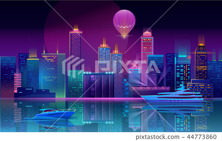 Vector background with night city in neon lights - Stock Illustration ...