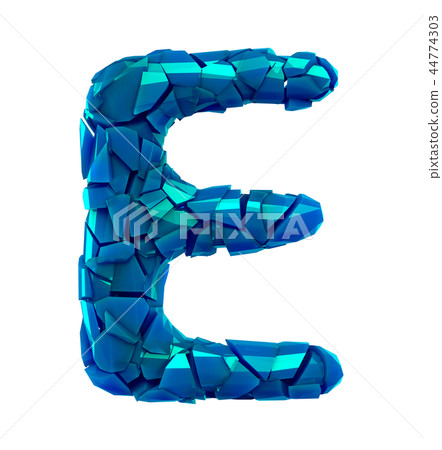 Alphabet made of plastic shards blue color isolated on white background- letter E 44774303
