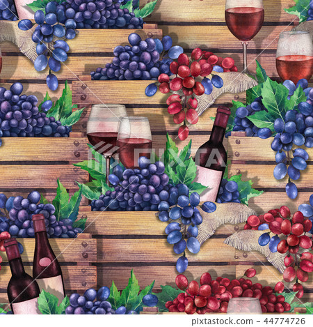 Watercolor wooden boxes with bottles, glasses of red wine and blue and red grapes. 44774726
