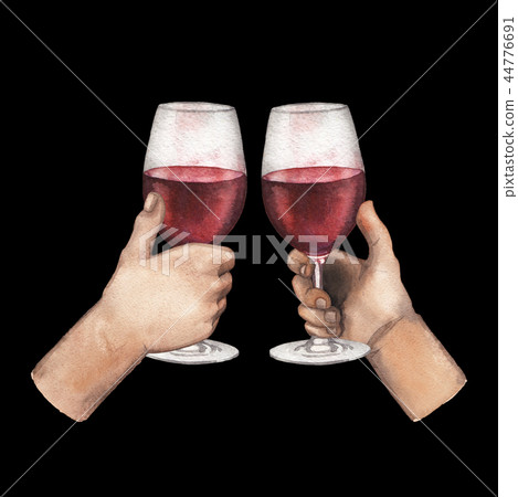 Two watercolor hands holding red wine glasses isolated on black background Two watercolor hands holding red wine glasses isolated on black background 44776691