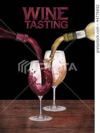 Watercolor red, white and rose wines pouring from bottles into glasses standing on a wooden table Watercolor red, white and rose wines pouring from bottles into glasses standing on a wooden table 44776692