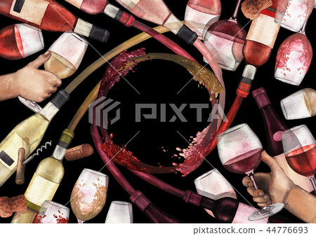 Watercolor glasses and bottles with red white and rose wine splashing out of it. 44776693