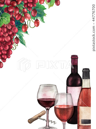 Watercolor wine glasses and bottles decorated with red grape bunches 44776700