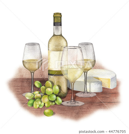 Three watercolor glasses of white wine, bottle, white grapes and cheese. 44776705