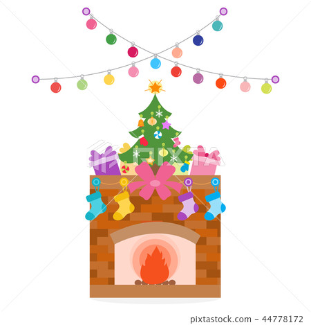 New Year Fireplace, Christmas tree, gifts, garland New Year Fireplace, Christmas tree, gifts, garland 44778172