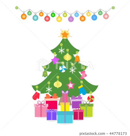 New Year decorated Christmas tree, gifts, garlands New Year decorated Christmas tree, gifts, garlands 44778173