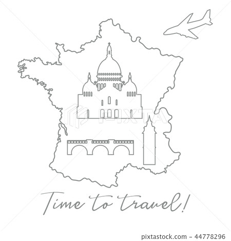 Map of France, bridge, tower, basilica, plane 44778296