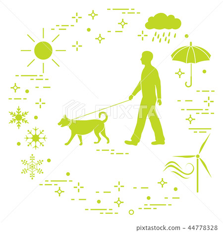 Man walking a dog on a leash in any weather 44778328