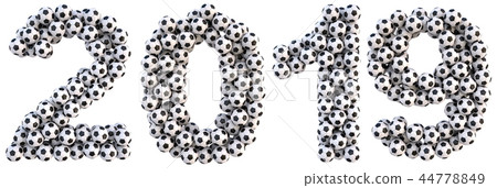 new 2019 year from the soccer balls. isolated on white. 3D illustration new 2019 year from the soccer balls. isolated on white. 3D illustration 44778849