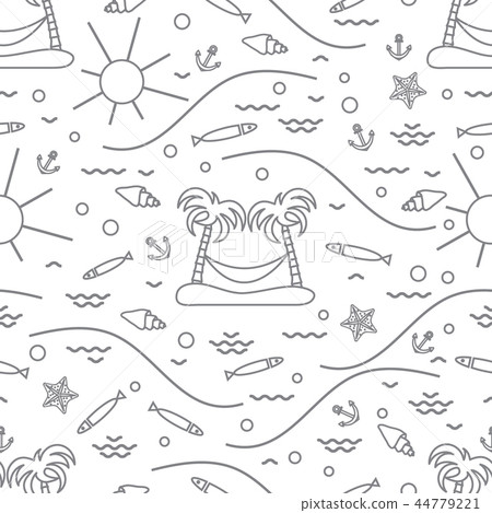 Cute seamless pattern with fish, island with palm 44779221