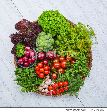 Breakfast for a vegetarian on a wooden table Breakfast for a vegetarian on a wooden table 44779307