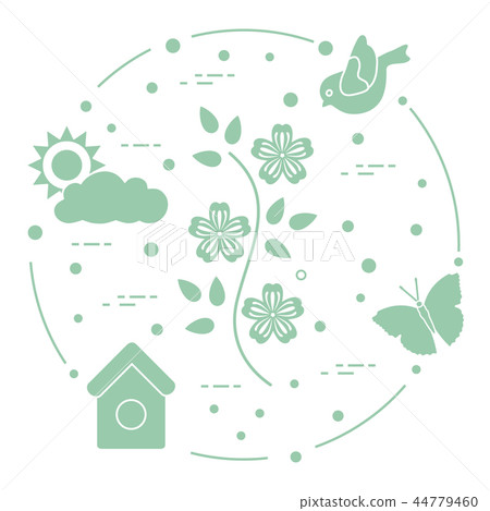 Sun, cloud, bird, flower, butterfly, birdhouse 44779460