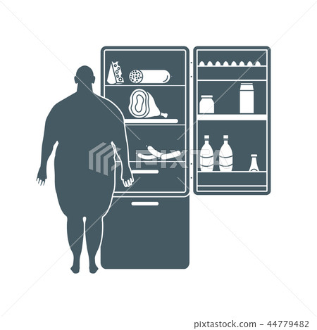 Fat man stands at the fridge full of food Harmful Fat man stands at the fridge full of food Harmful 44779482