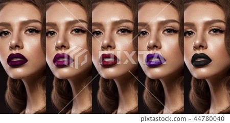 Collection: eyes and lips red, purple hues. The palette of lipsticks. Close-up Collection: eyes and lips red, purple hues. The palette of lipsticks. Close-up 44780040