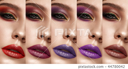 Collection: eyes and lips red, purple hues. The palette of lipsticks. Close-up Collection: eyes and lips red, purple hues. The palette of lipsticks. Close-up 44780042