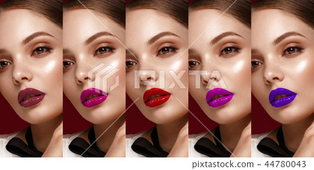 Collection: eyes and lips red, purple hues. The palette of lipsticks. Close-up Collection: eyes and lips red, purple hues. The palette of lipsticks. Close-up 44780043
