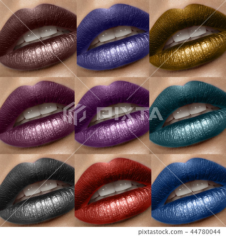 Collection of lips colorful hues. The palette of lipsticks. Close-up Collection of lips colorful hues. The palette of lipsticks. Close-up 44780044