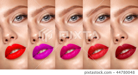 Collection: eyes and lips red, purple hues. The palette of lipsticks. Close-up Collection: eyes and lips red, purple hues. The palette of lipsticks. Close-up 44780048
