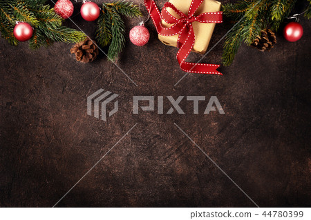 Top view of Christmas gift and decorations Top view of Christmas gift and decorations 44780399
