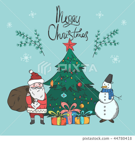 Bright Christmas card with Santa and snowman Bright Christmas card with Santa and snowman 44780418