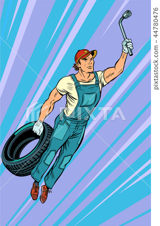 man mechanic tire. flying superhero help 44780476