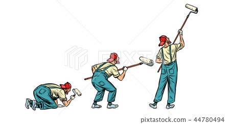 The house painter paints the wall. Three poses set. Isolate on w 44780494