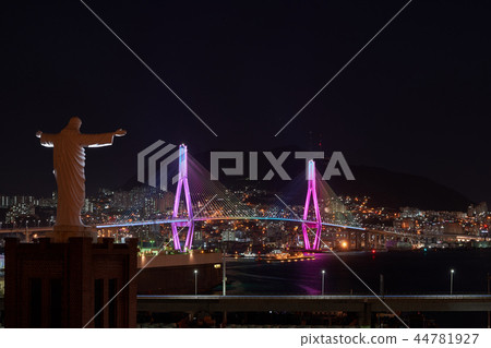Jesus Tower of Busan Donghang Cathedral and Busan Harbor Bridge Night View 44781927