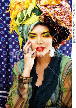 beauty bright woman with creative make up, many shawls on head l beauty bright woman with creative make up, many shawls on head l 44786490