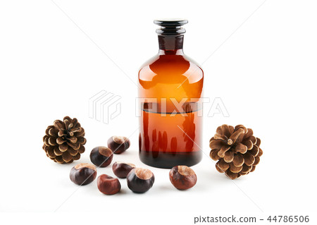 Vial with medicine, fir cone and chestnuts Vial with medicine, fir cone and chestnuts 44786506