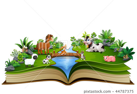 Open book with animal farm in the park 44787375