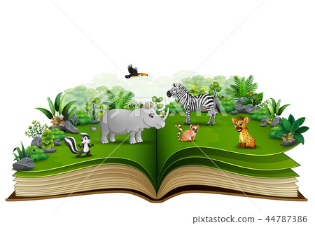 Open book with animal cartoon playing in the park Open book with animal cartoon playing in the park 44787386
