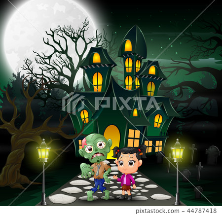 Happy halloween zombie cartoon in front of the hau Happy halloween zombie cartoon in front of the hau 44787418