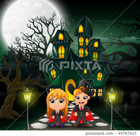 Happy couple vampire in front of the haunted house Happy couple vampire in front of the haunted house 44787425