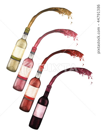 Watercolor set of bottles with red white and rose wine splashing out of it 44791386