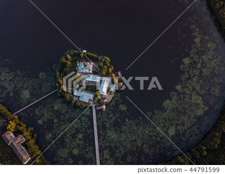 The Holy-Vvedensky nunnery in the Vladimir region. On the island. Aerial view. The Holy-Vvedensky nunnery in the Vladimir region. On the island. Aerial view. 44791599