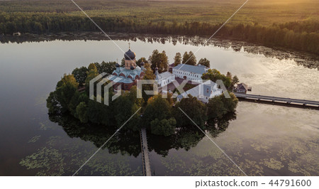 The Holy-Vvedensky nunnery in the Vladimir region. On the island. Aerial view. The Holy-Vvedensky nunnery in the Vladimir region. On the island. Aerial view. 44791600